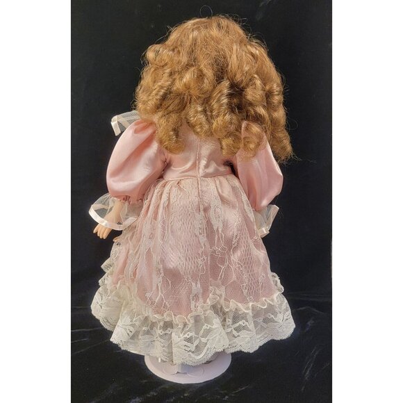 Vintage Collectible Porcelain Doll with Pink Satin and Lace Dress - Picture 3 of 15
